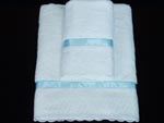 102. Eyelet and Blue Satin Trimmed Towel Set